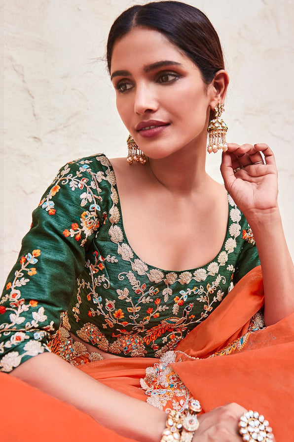 Buy MySilkLove Flamingo Orange and Green Organza Saree Online