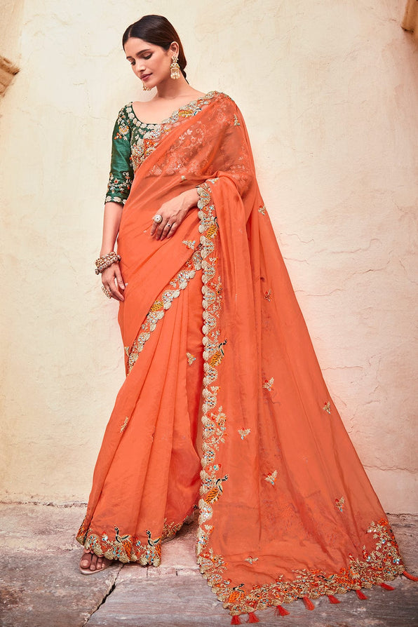 Buy MySilkLove Flamingo Orange and Green Organza Saree Online