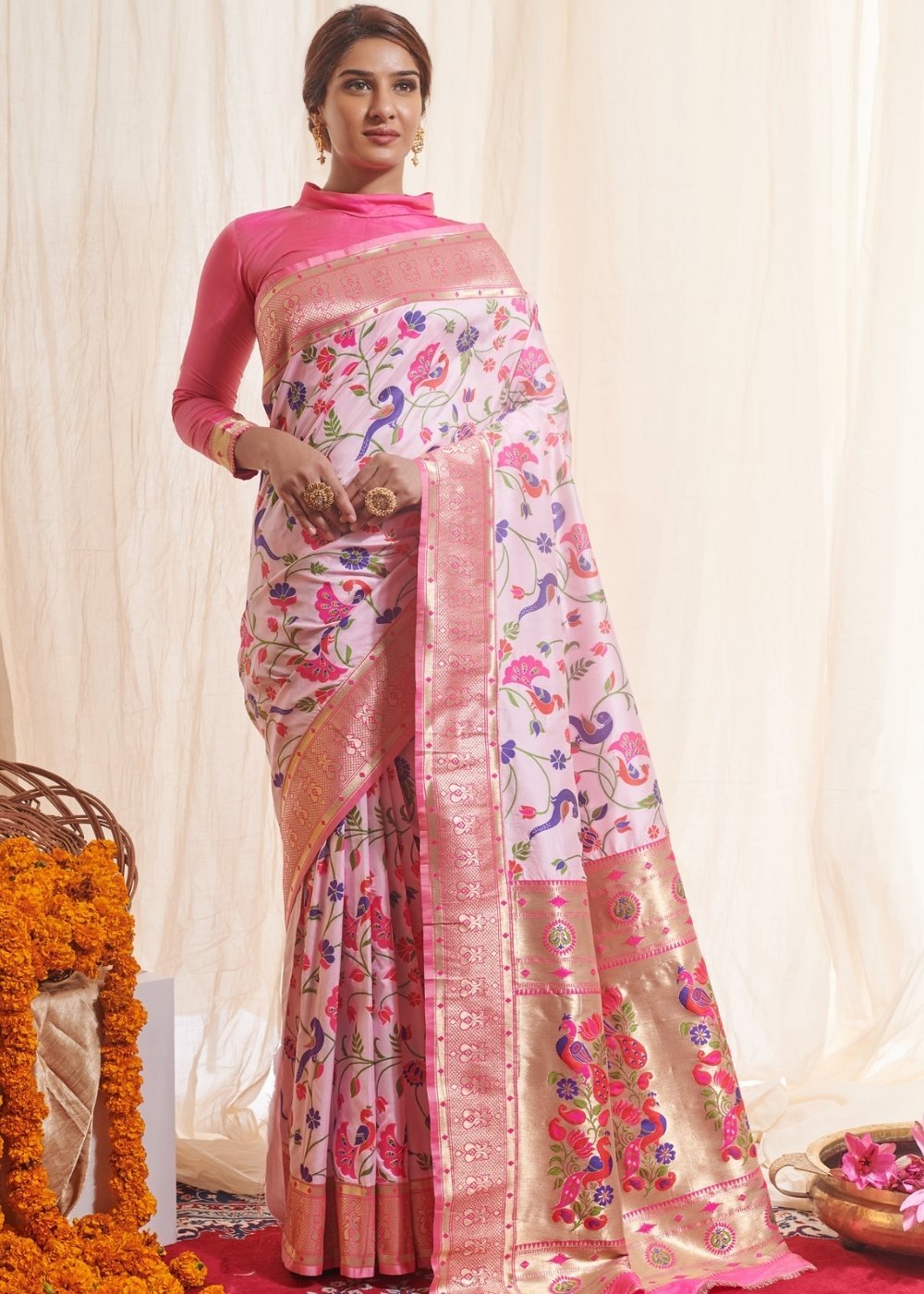 Buy MySilkLove Wafer Light Pink Zari Woven Paithani Saree Online