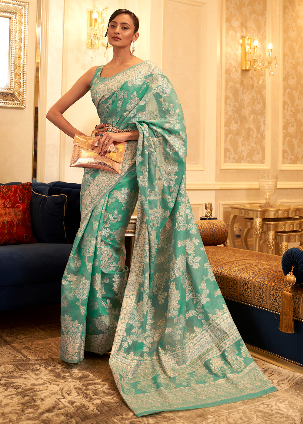 Buy MySilkLove Shamrock Green Woven Chikankari Saree Online