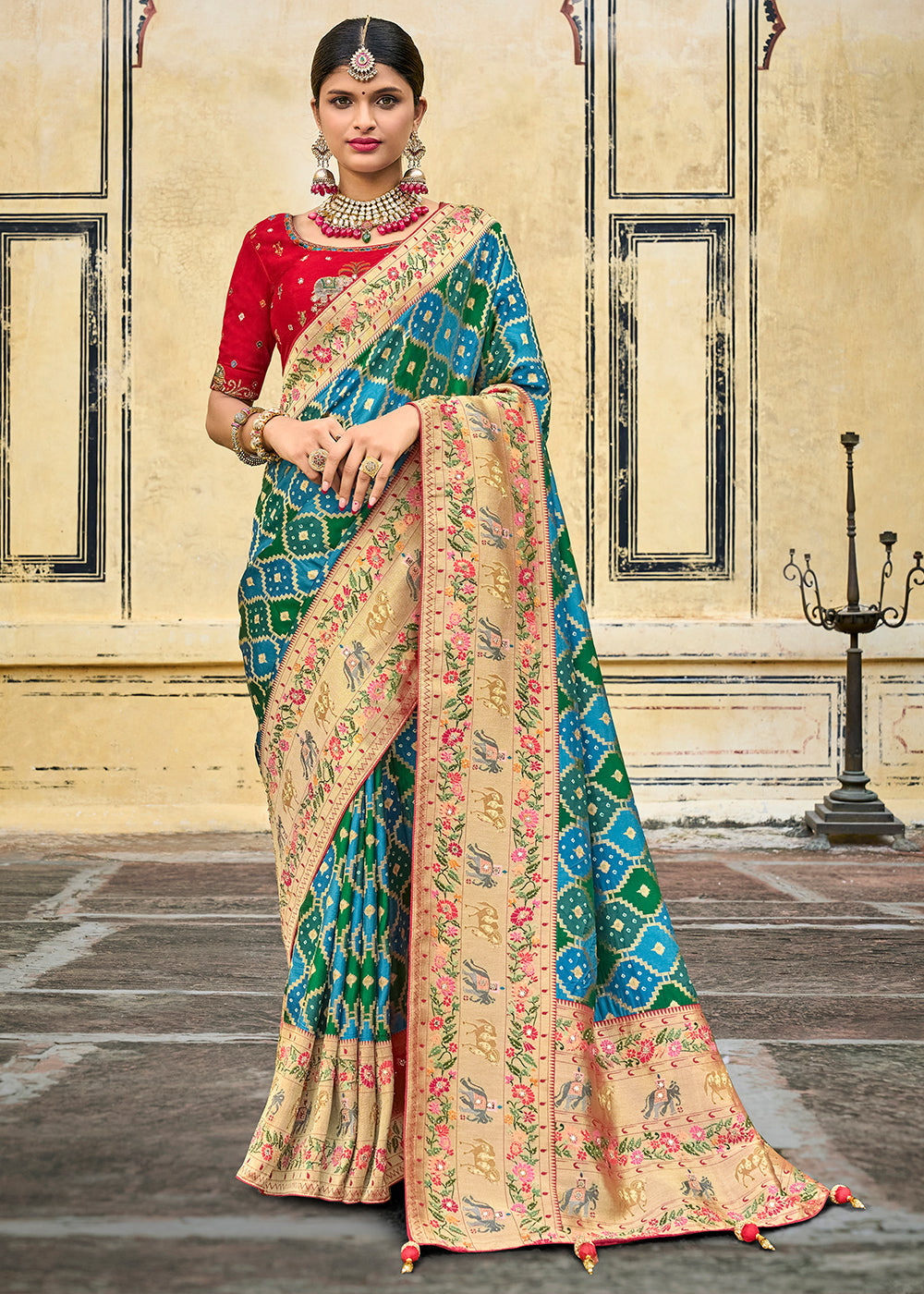 Buy MySilkLove Hippie Blue Green and Red Patola Printed Dola Silk Saree With Embroidered Blouse Online