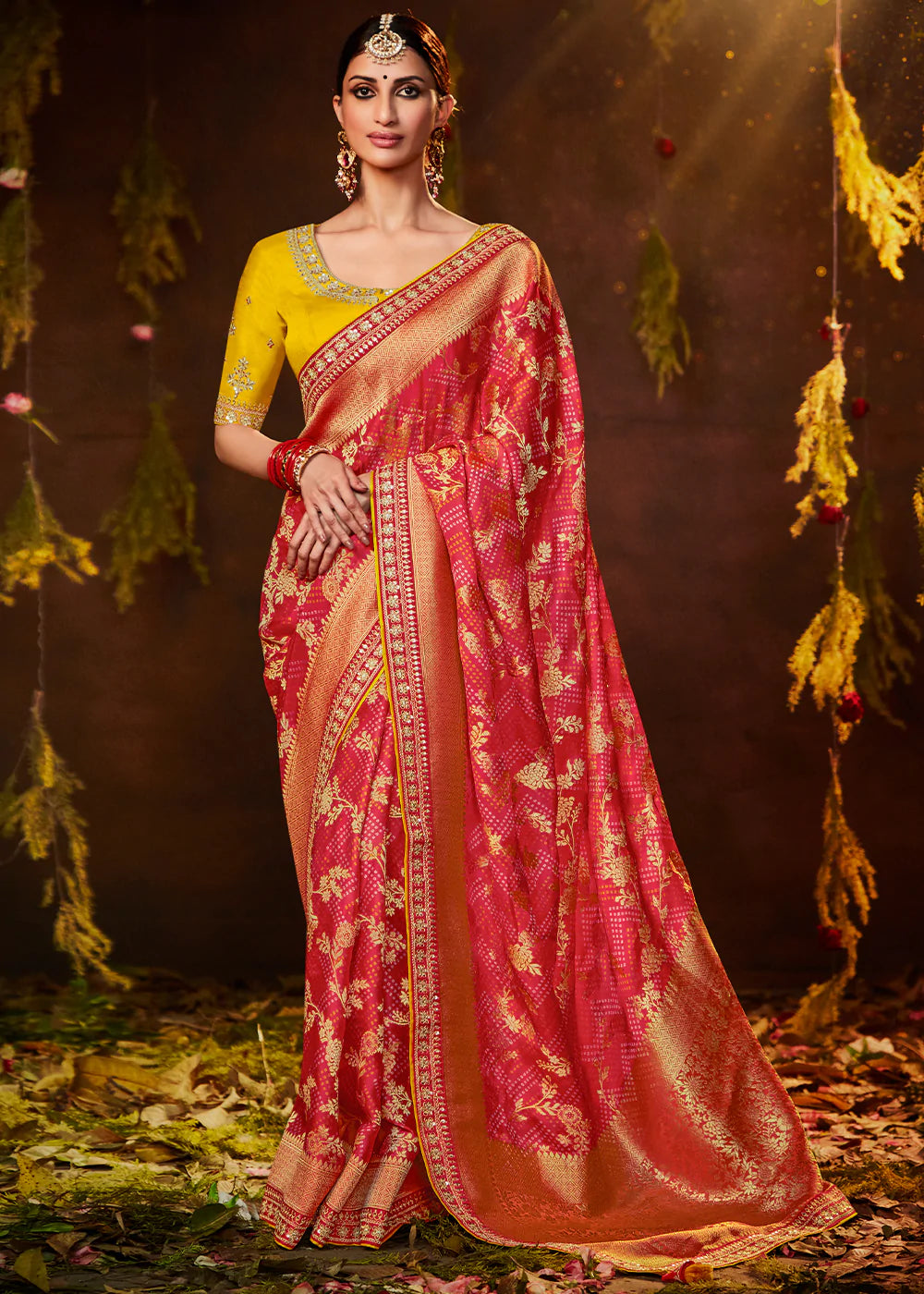 Buy MySilkLove Froly Pink Woven Georgette Designer Saree with Embroidered Blouse Online