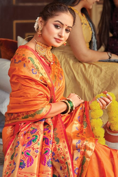 Buy MySilkLove Neon Carrot Orange Zari Woven Paithani Saree Online
