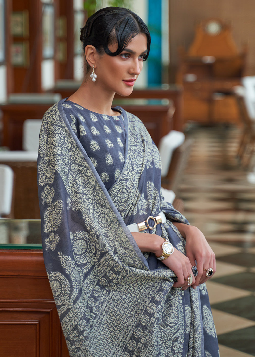 Buy MySilkLove Coral Pearl Bluish Grey Lucknowi Chikankari Woven Saree Online