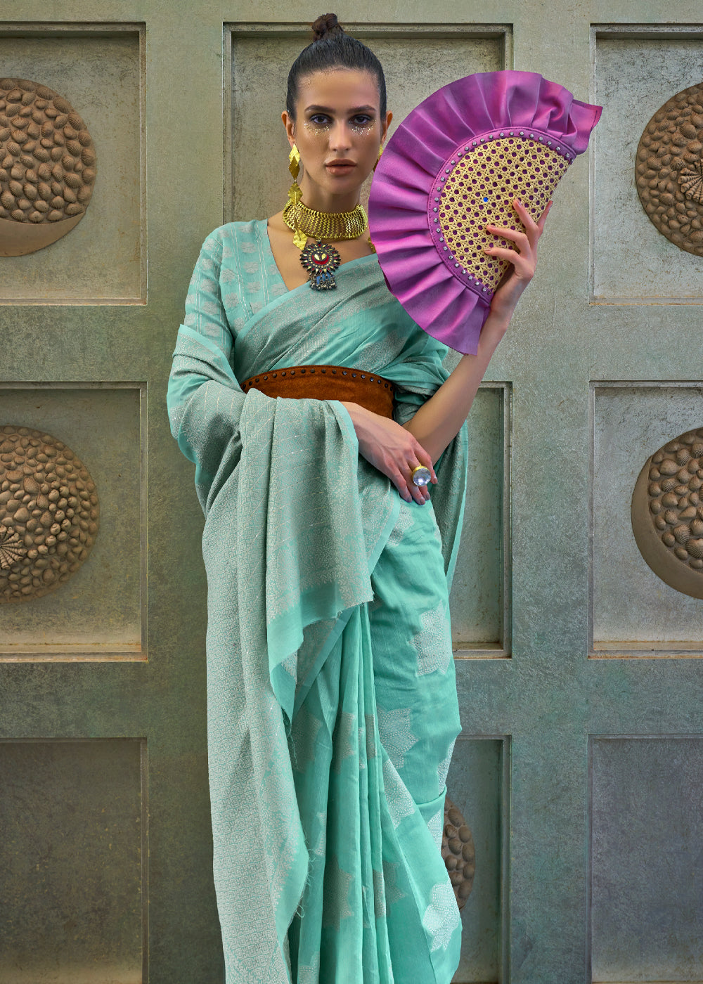 Buy MySilkLove Sinbad Blue Lucknowi Woven Chikankari Saree Online