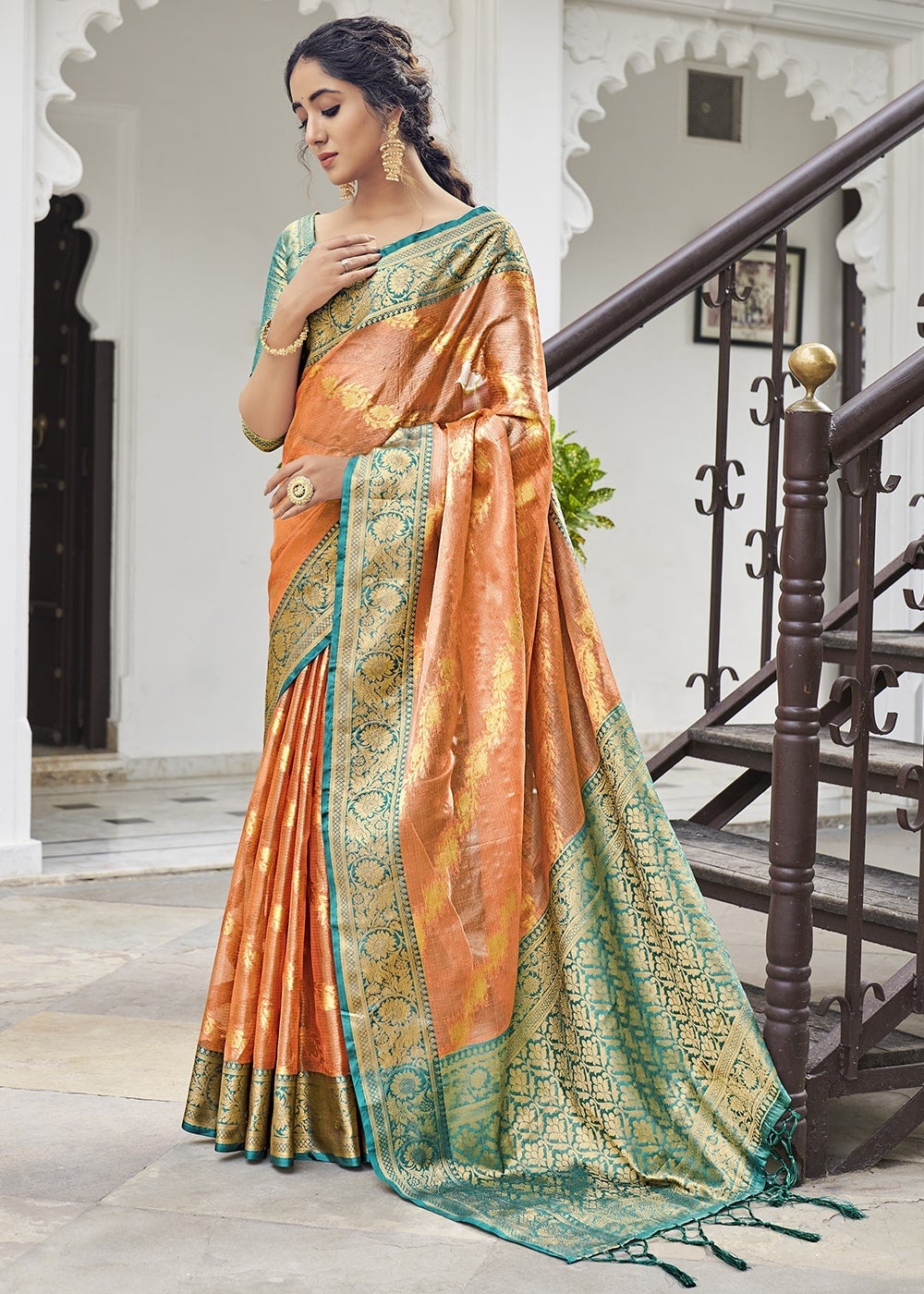 Buy MySilkLove Big Foot Orange Zari Woven Organza Tissue Silk Saree Online