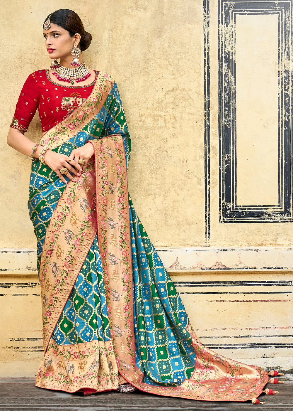 Buy MySilkLove Hippie Blue Green and Red Patola Printed Dola Silk Saree With Embroidered Blouse Online
