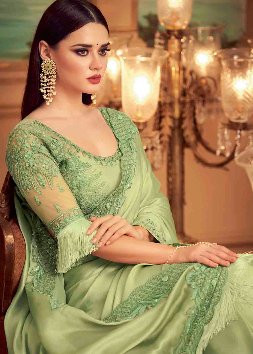Buy MySilkLove Barley Corn Green Embroidered Satin Silk Designer Saree Online
