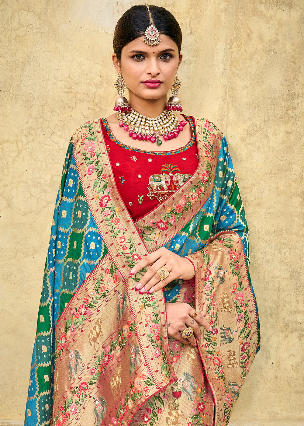 Buy MySilkLove Hippie Blue Green and Red Patola Printed Dola Silk Saree With Embroidered Blouse Online