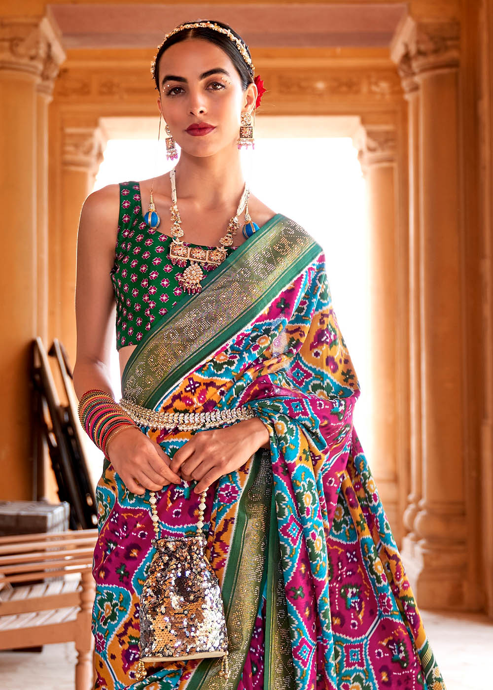 Buy MySilkLove Boston Blue Multicolor Printed Patola Saree Online
