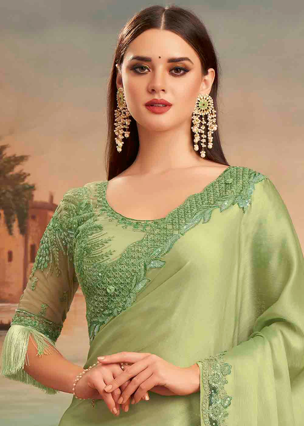 Buy MySilkLove Barley Corn Green Embroidered Satin Silk Designer Saree Online