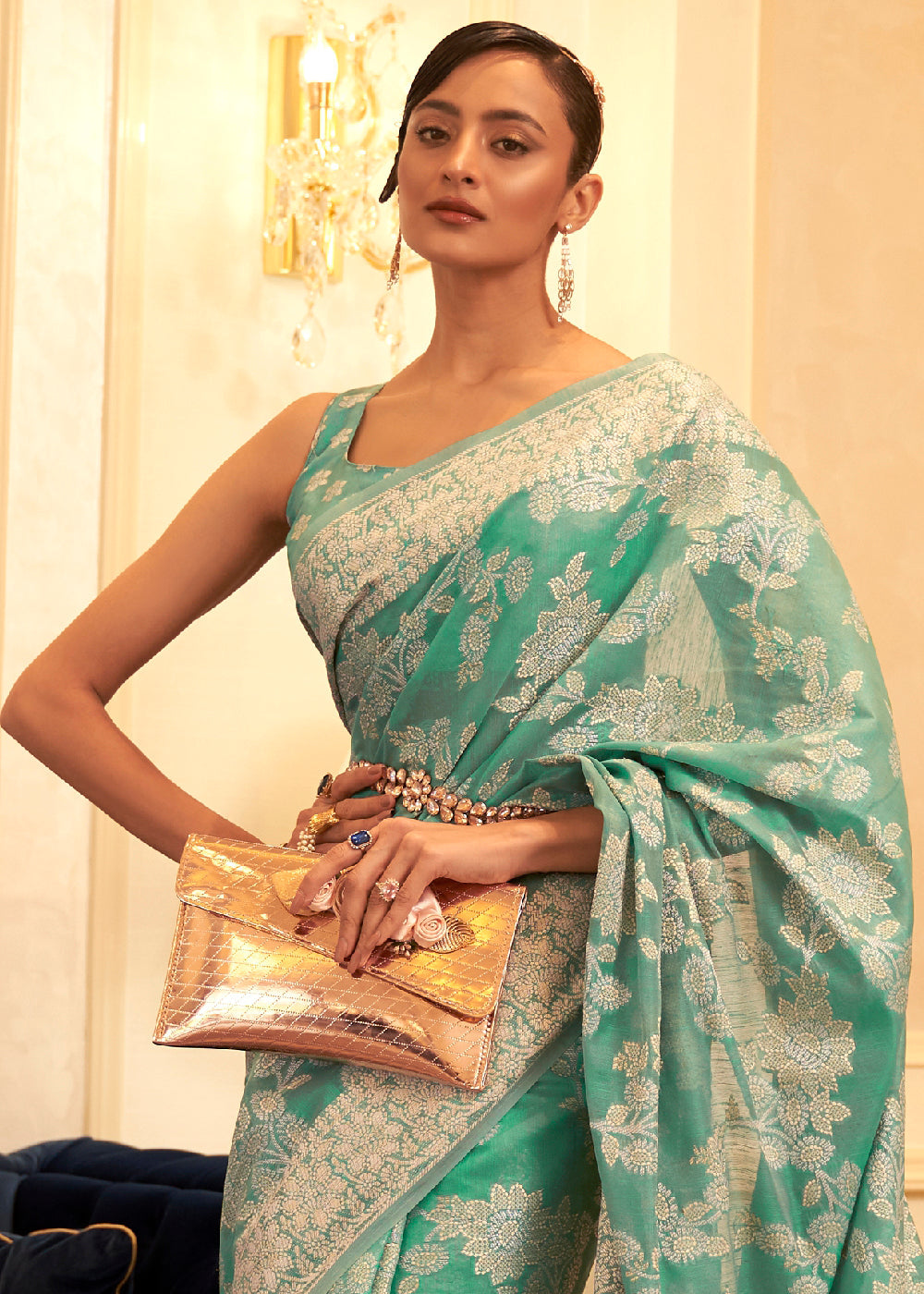 Buy MySilkLove Shamrock Green Woven Chikankari Saree Online