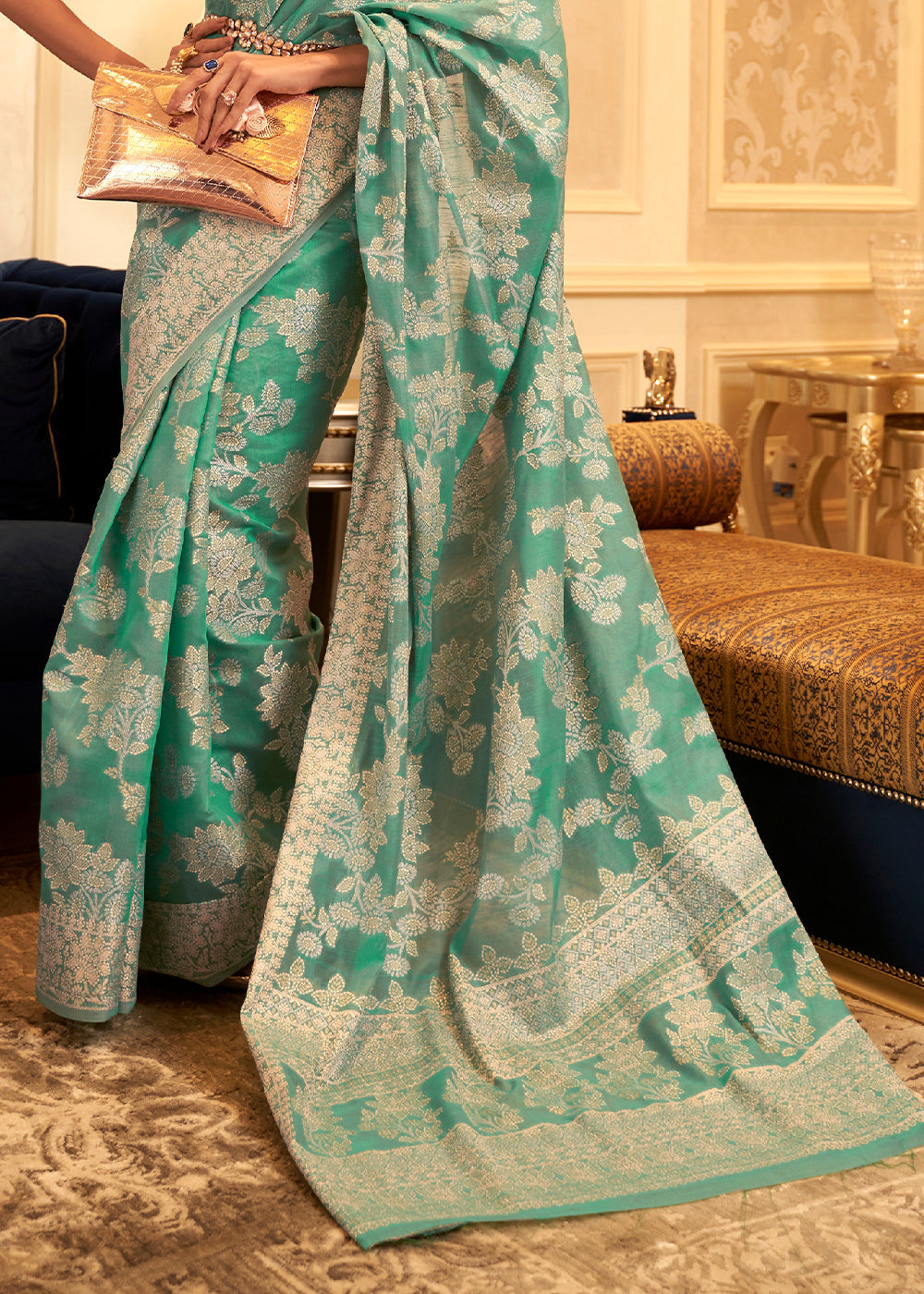 Buy MySilkLove Shamrock Green Woven Chikankari Saree Online