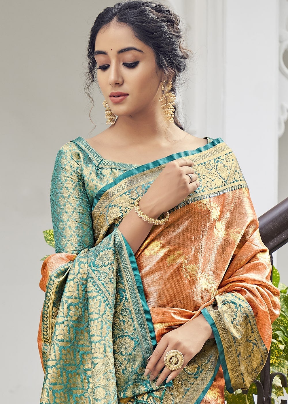 Buy MySilkLove Big Foot Orange Zari Woven Organza Tissue Silk Saree Online