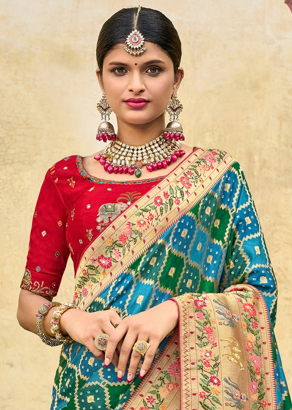 Buy MySilkLove Hippie Blue Green and Red Patola Printed Dola Silk Saree With Embroidered Blouse Online