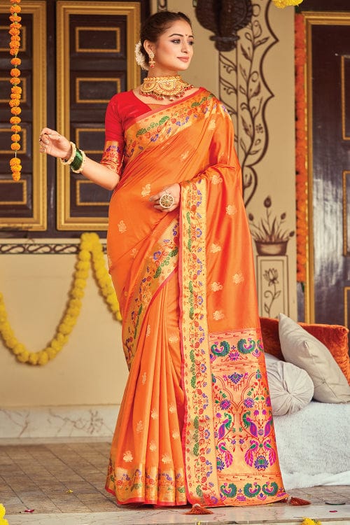 Buy MySilkLove Neon Carrot Orange Zari Woven Paithani Saree Online