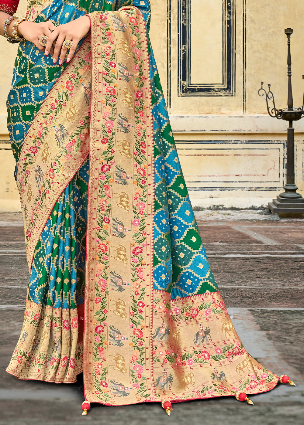 Buy MySilkLove Hippie Blue Green and Red Patola Printed Dola Silk Saree With Embroidered Blouse Online