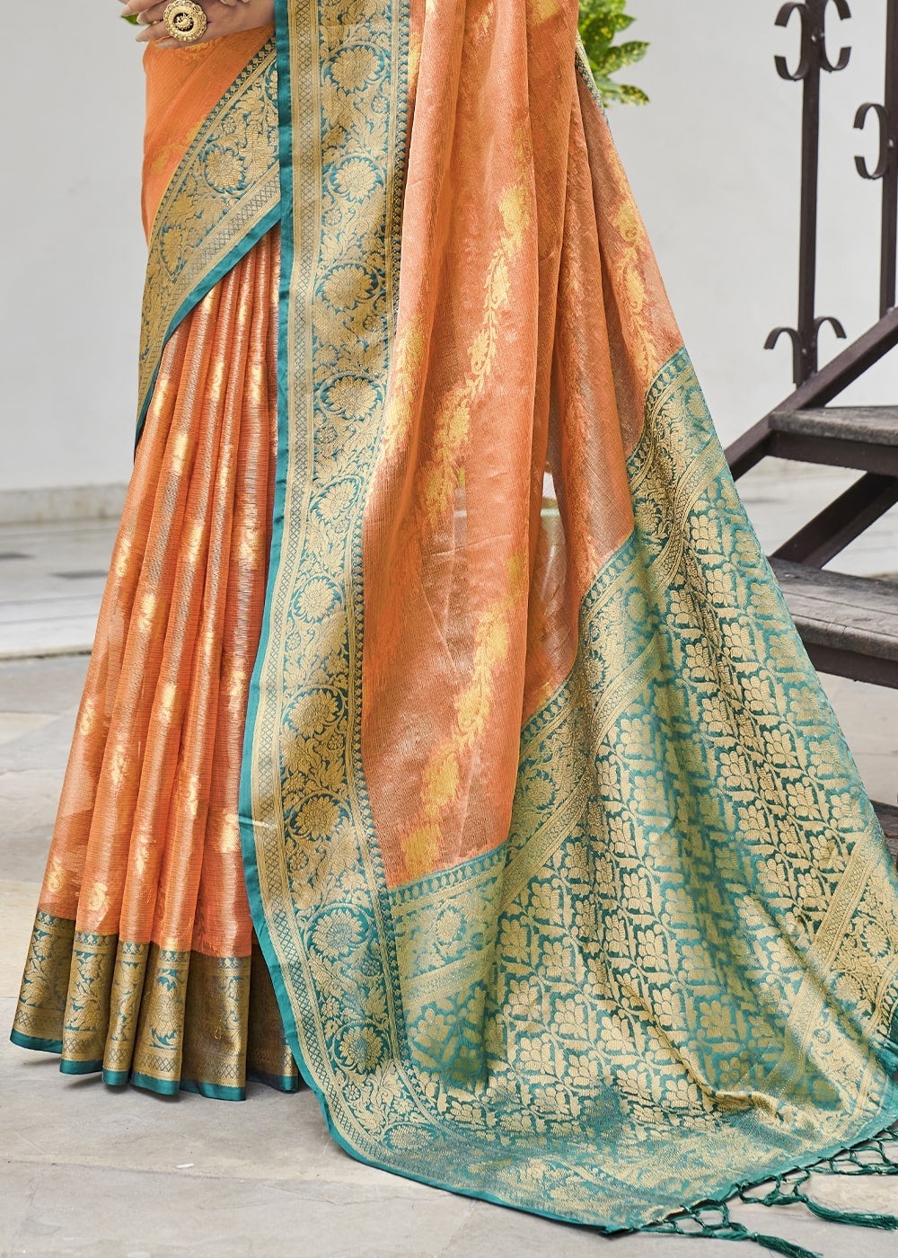 Buy MySilkLove Big Foot Orange Zari Woven Organza Tissue Silk Saree Online