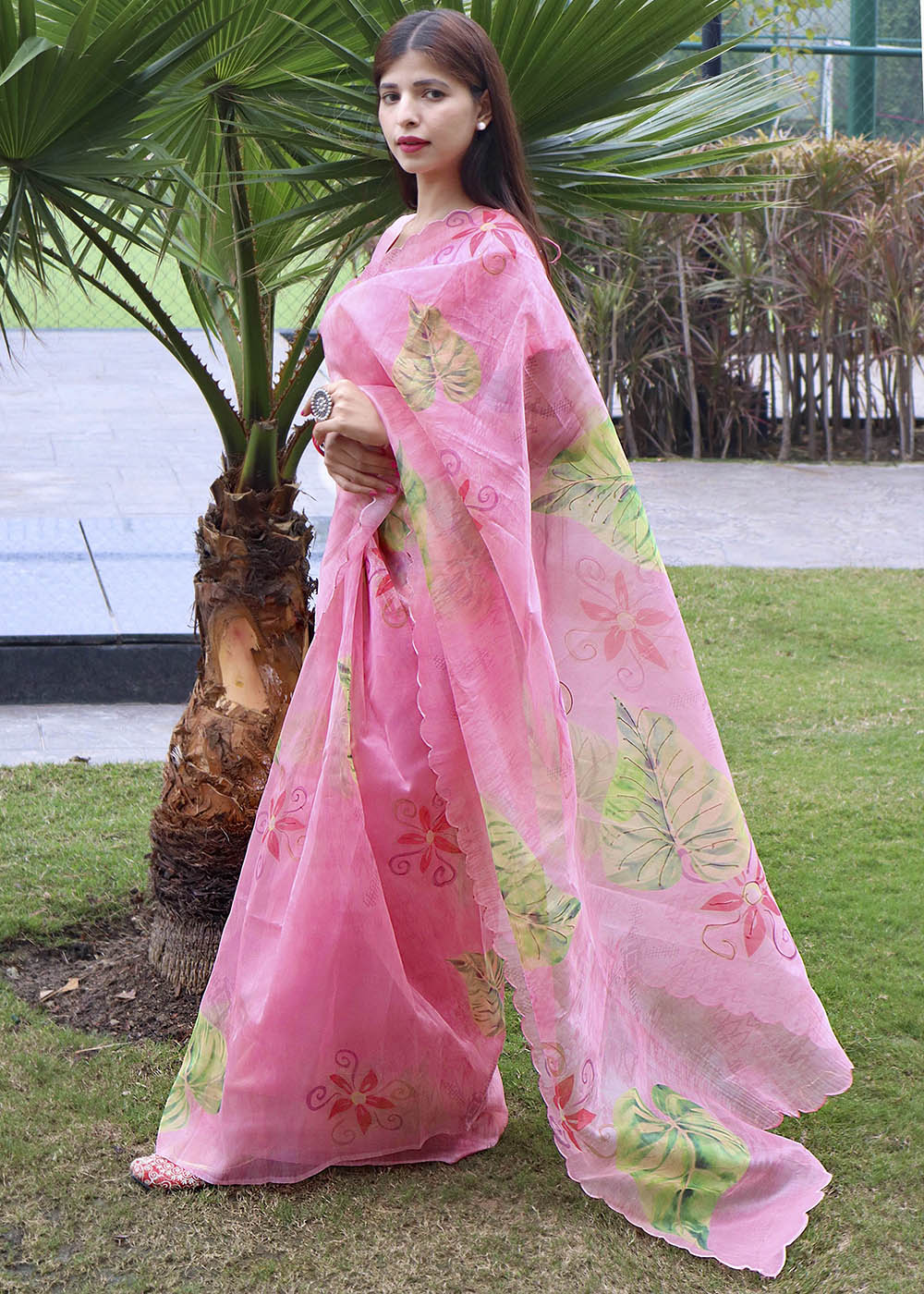 Buy MySilkLove Bubble Gum Pink Digital Floral Print Organza Saree Online