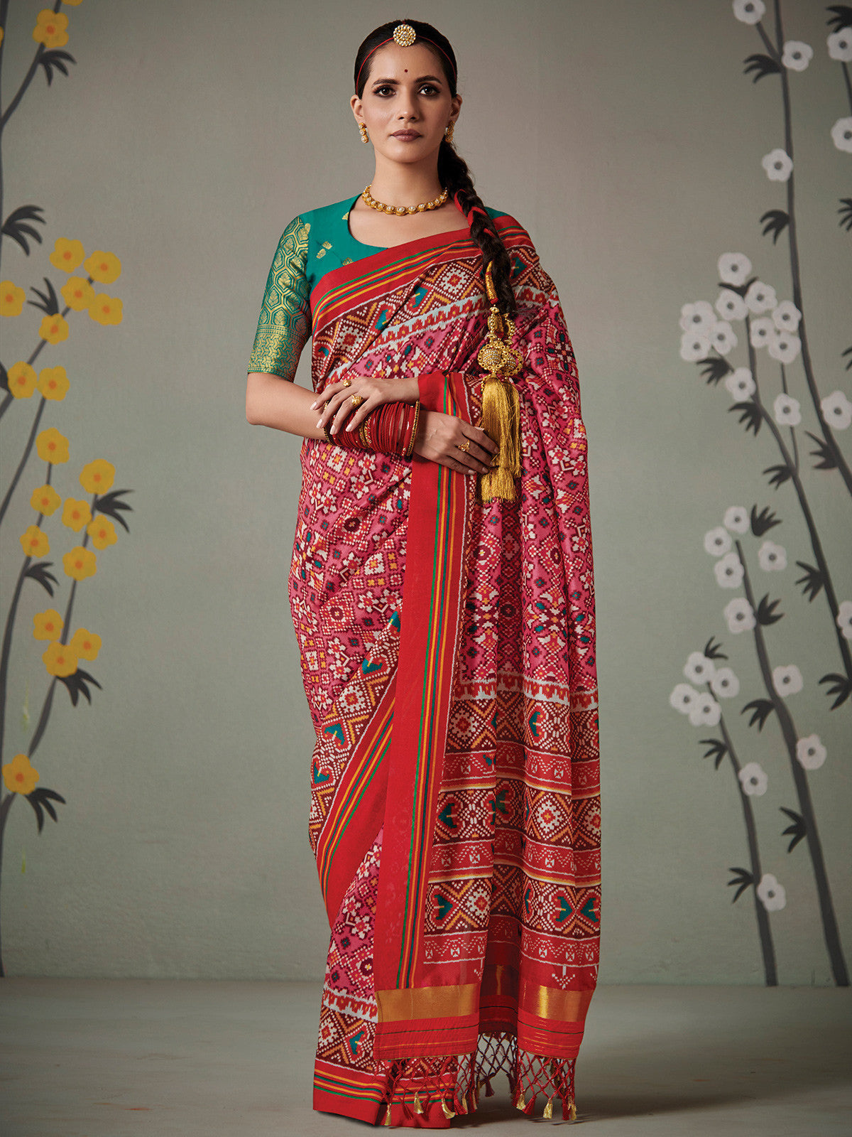 Buy MySilkLove Chestnut Dark Pink and Green Printed Patola Silk Saree Online