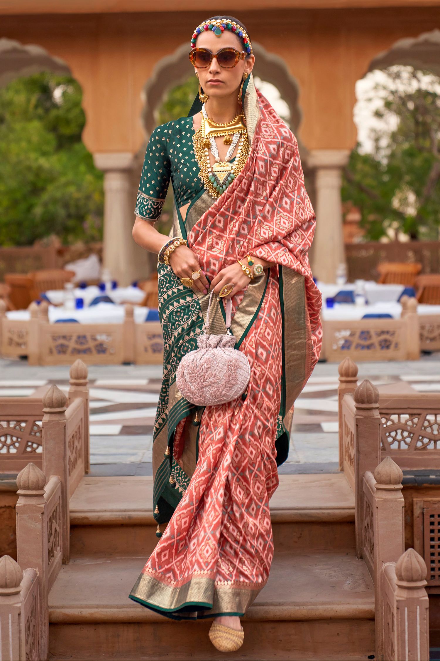 Buy MySilkLove Apricot Peach Printed Patola Silk Saree Online