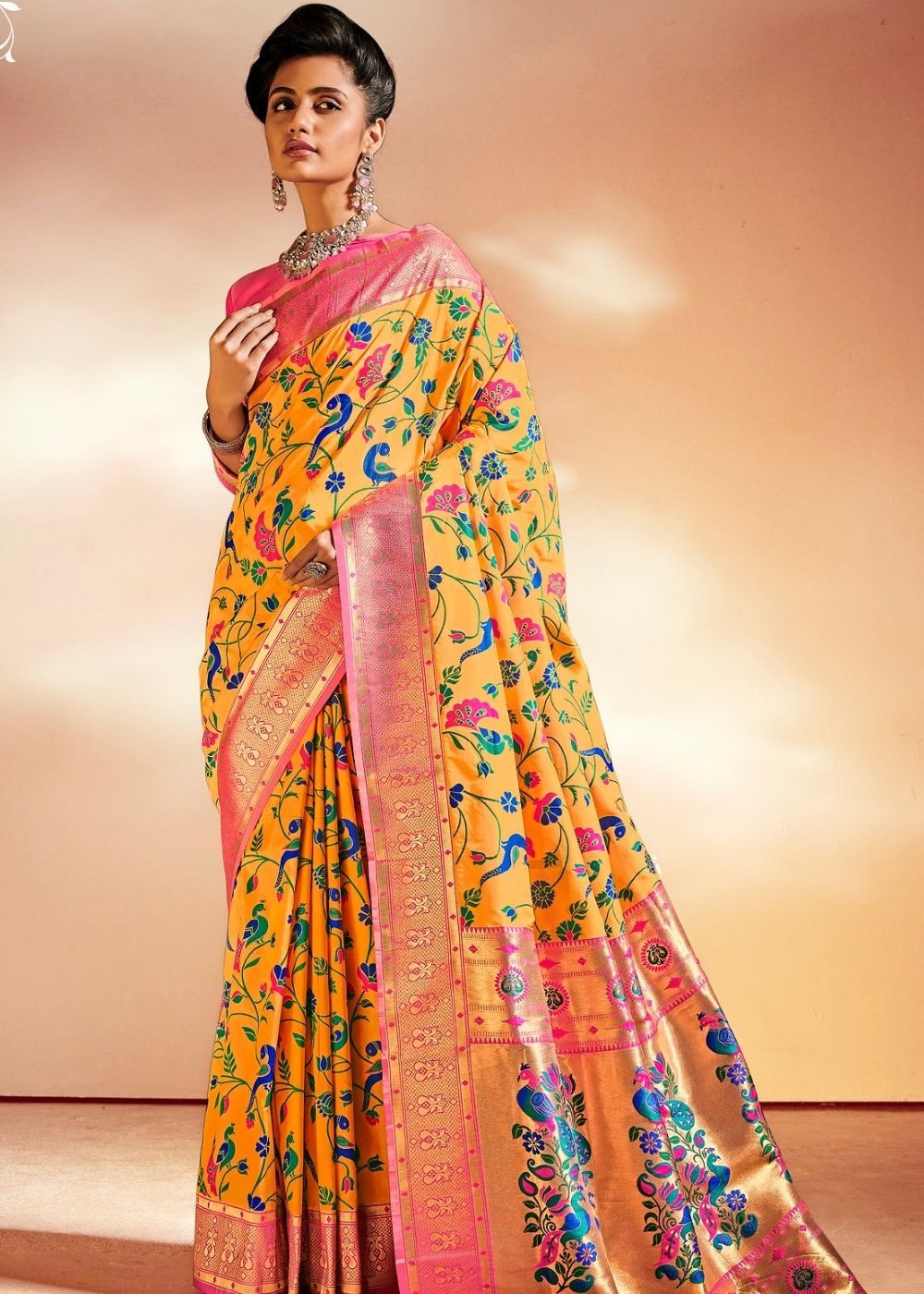 Buy MySilkLove Porsche Yellow Zari Woven Banarasi Paithani Fusion Saree Online