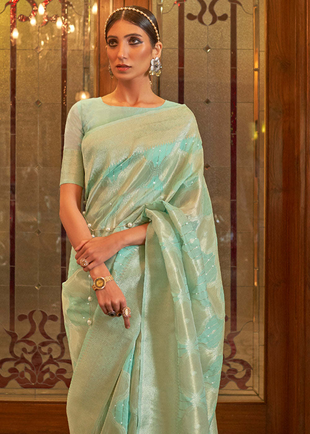 Buy MySilkLove Shadow Green Zari Woven Banarasi Brocade Saree Online