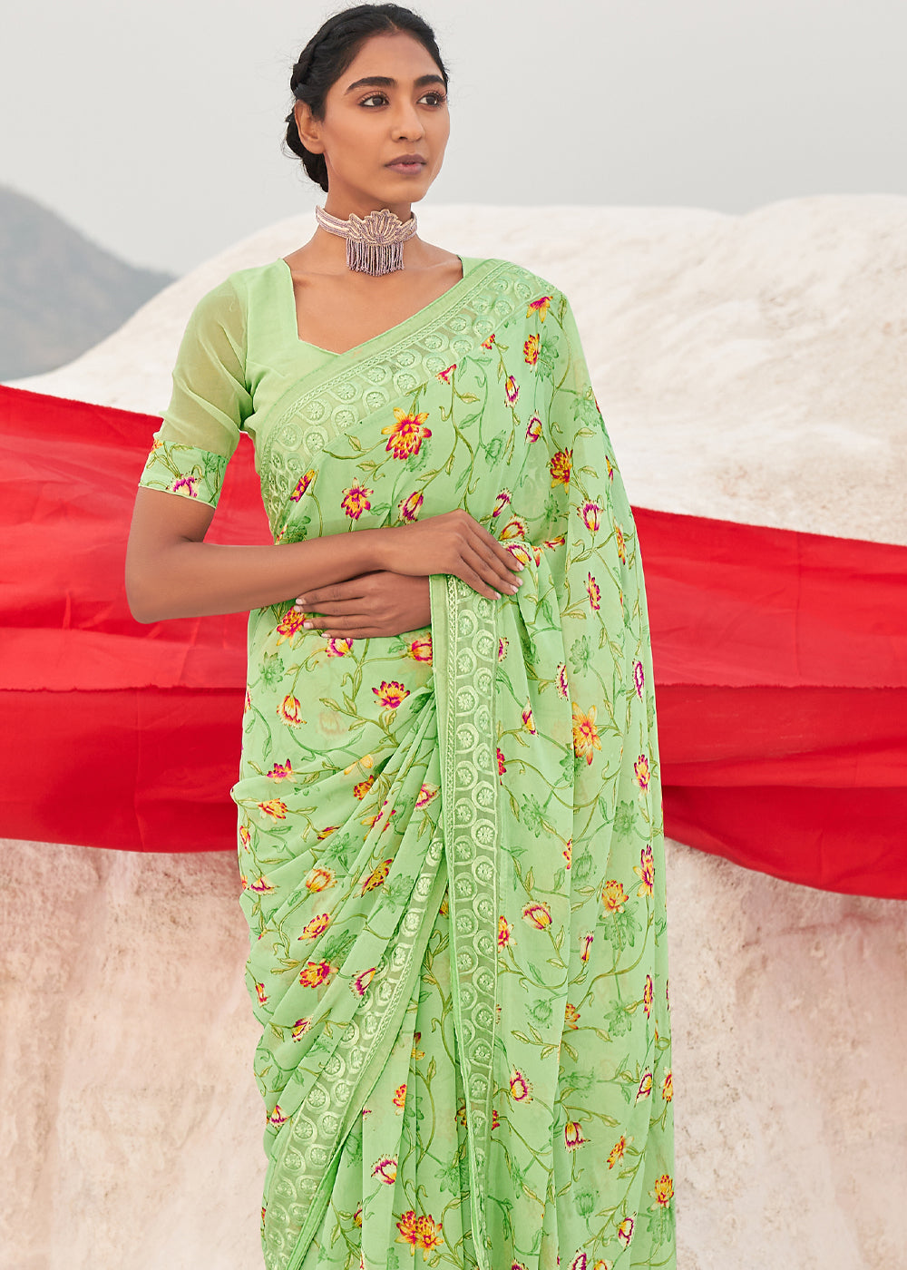 Buy MySilkLove Pine Glade Green Digital Printed Chiffon Saree Online