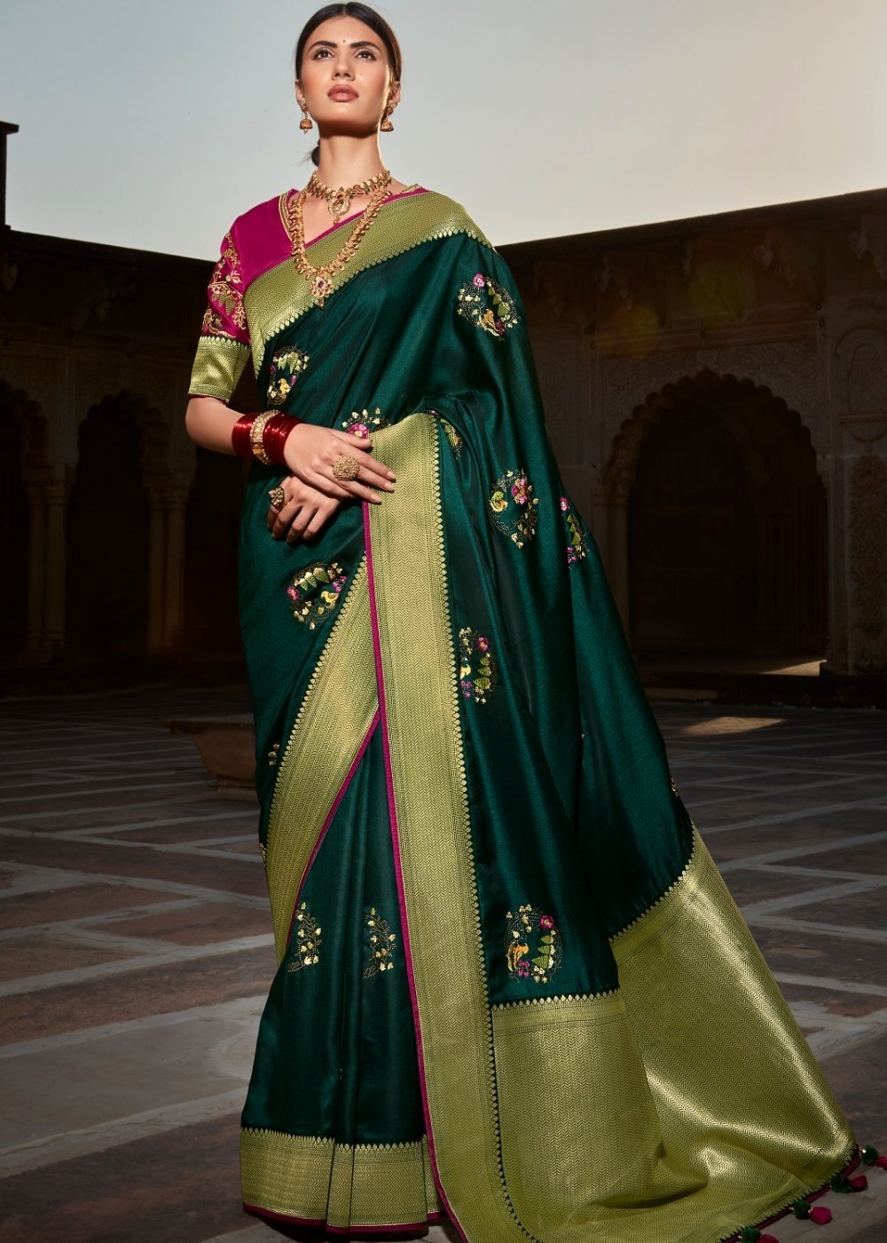 Buy MySilkLove Firefly Green Zari Woven Banarasi Silk Saree Online