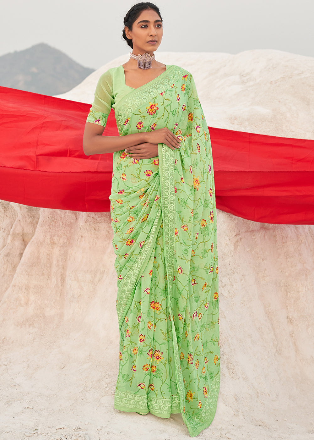 Buy MySilkLove Pine Glade Green Digital Printed Chiffon Saree Online