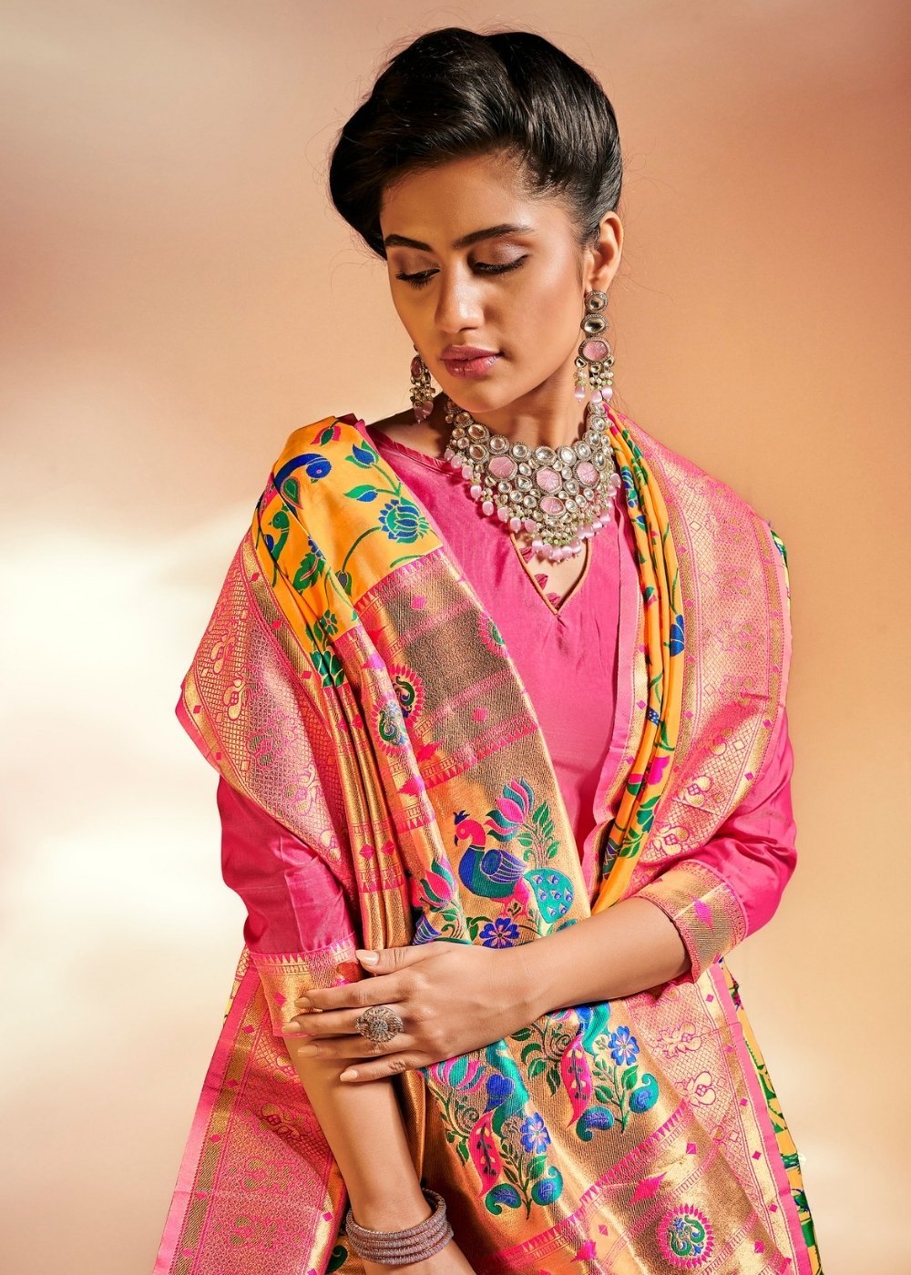 Buy MySilkLove Porsche Yellow Zari Woven Banarasi Paithani Fusion Saree Online