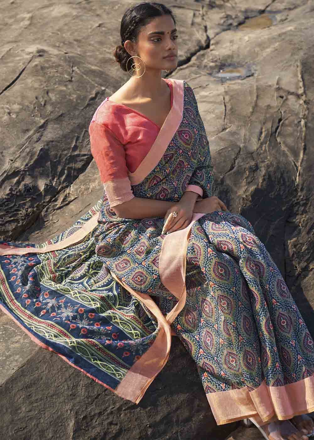 Buy MySilkLove Dolphin Blue and Pink Printed Cotton Saree Online