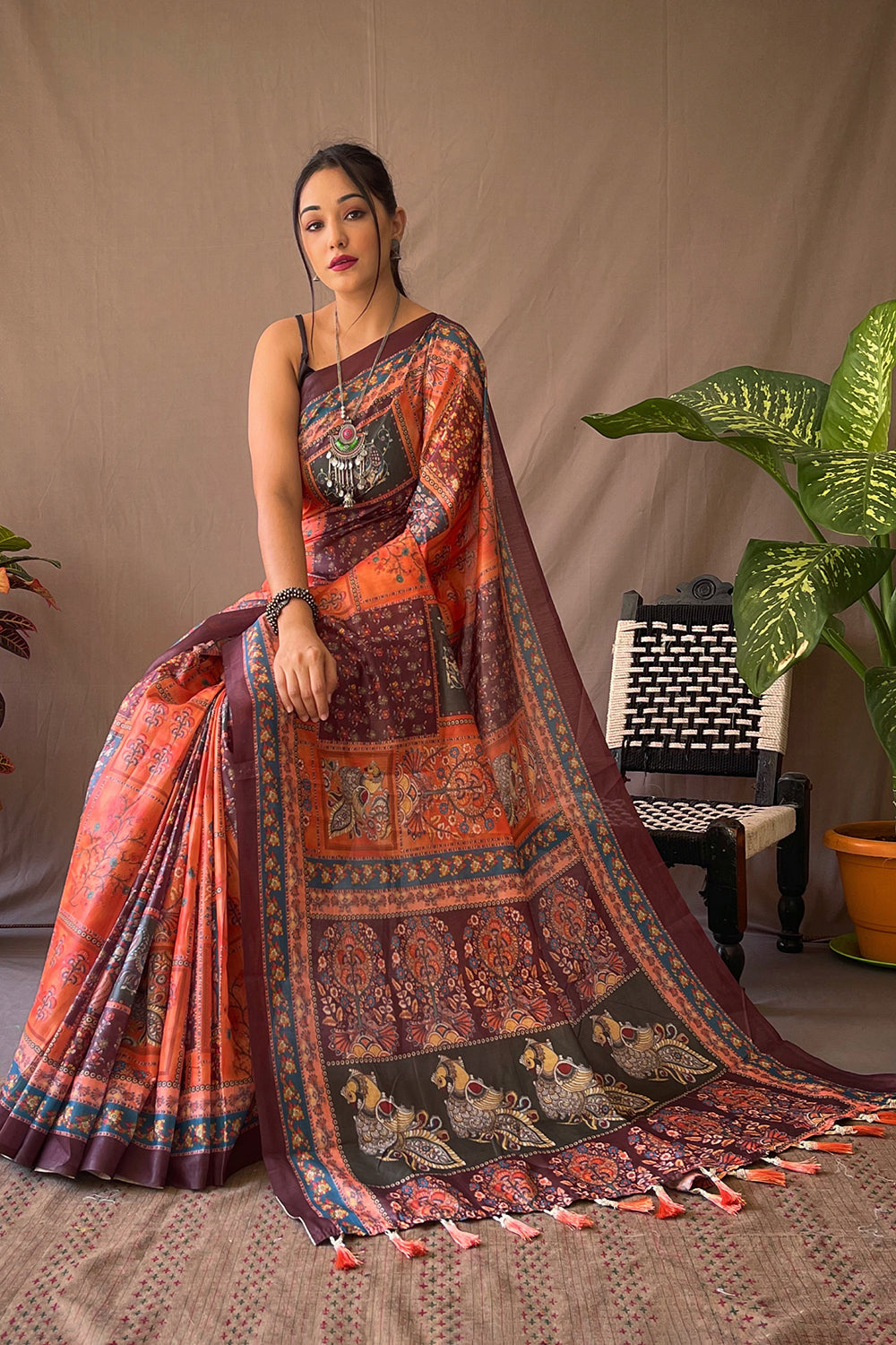 Buy MySilkLove Tangerine Orange Kalamkari Saree Online