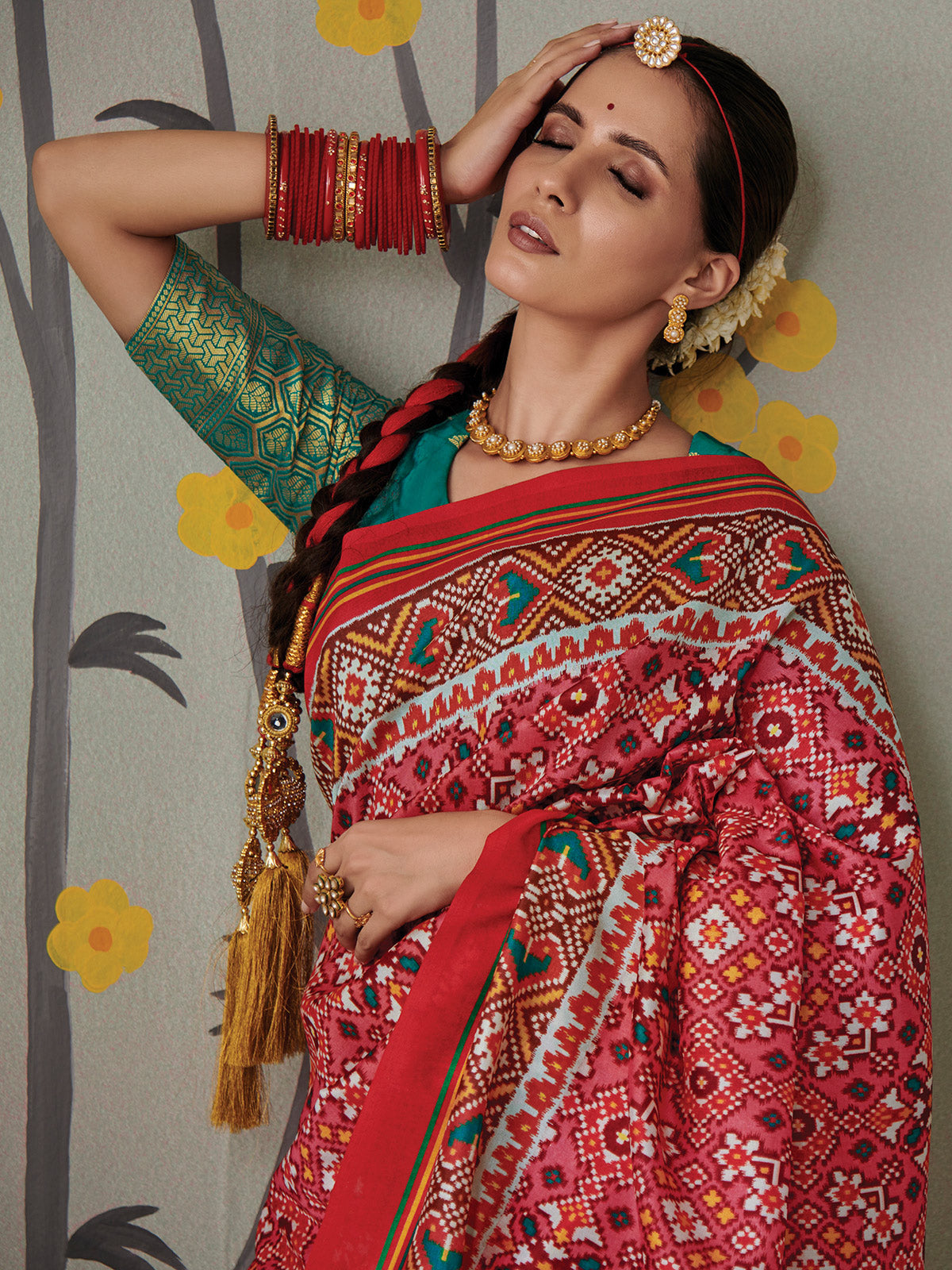 Buy MySilkLove Chestnut Dark Pink and Green Printed Patola Silk Saree Online