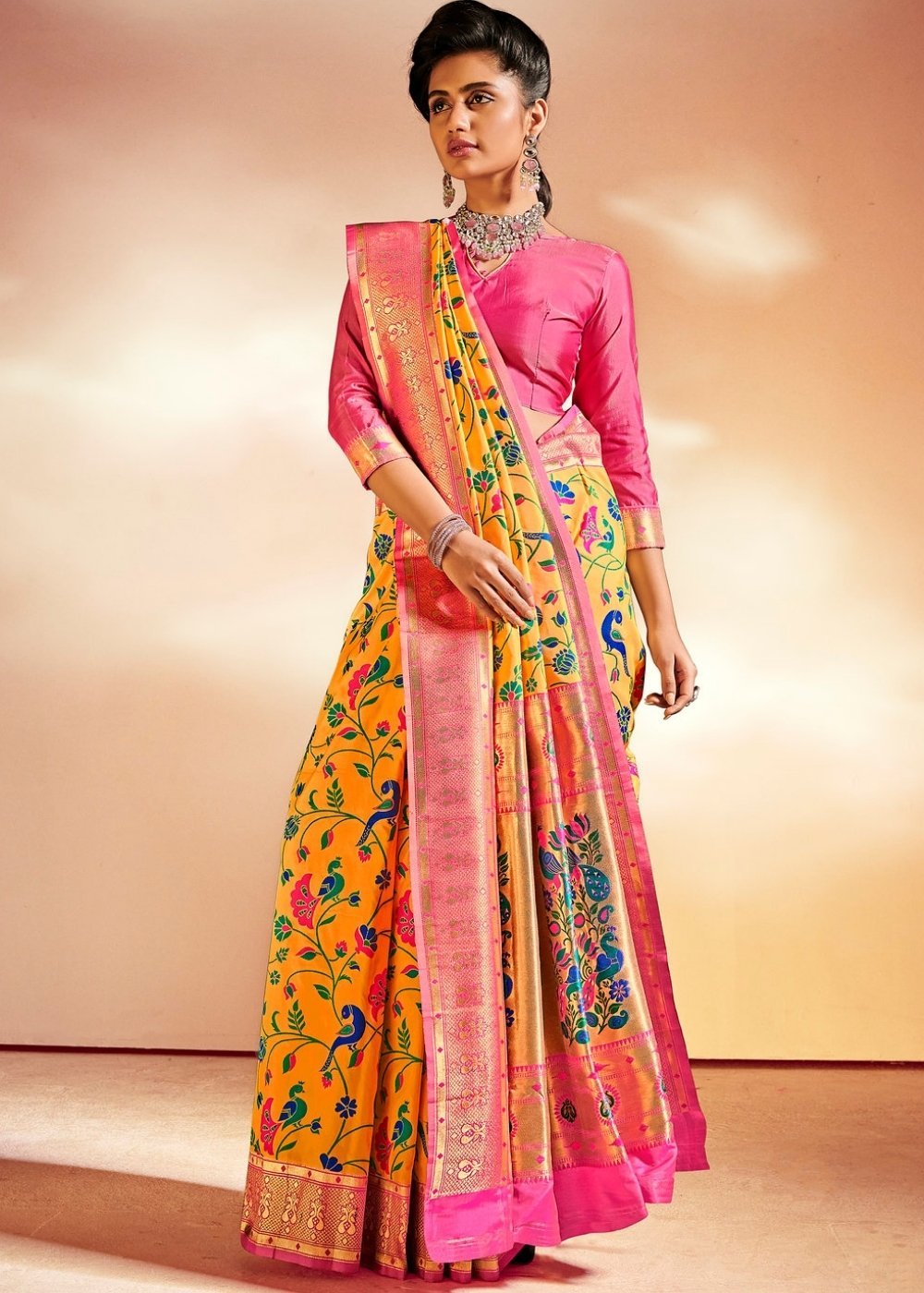 Buy MySilkLove Porsche Yellow Zari Woven Banarasi Paithani Fusion Saree Online