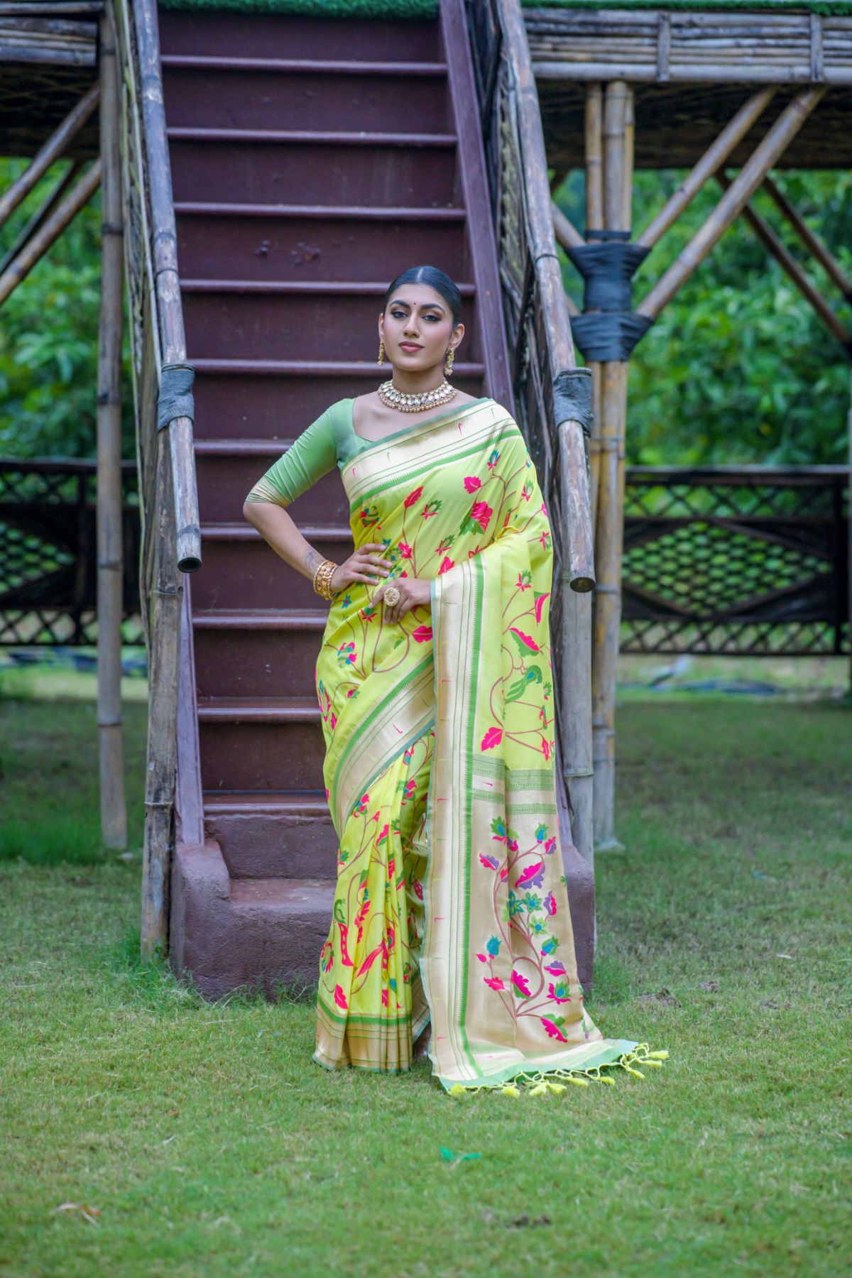 Buy MySilkLove Misty Moss Green Banarasi Paithani Silk Saree Online