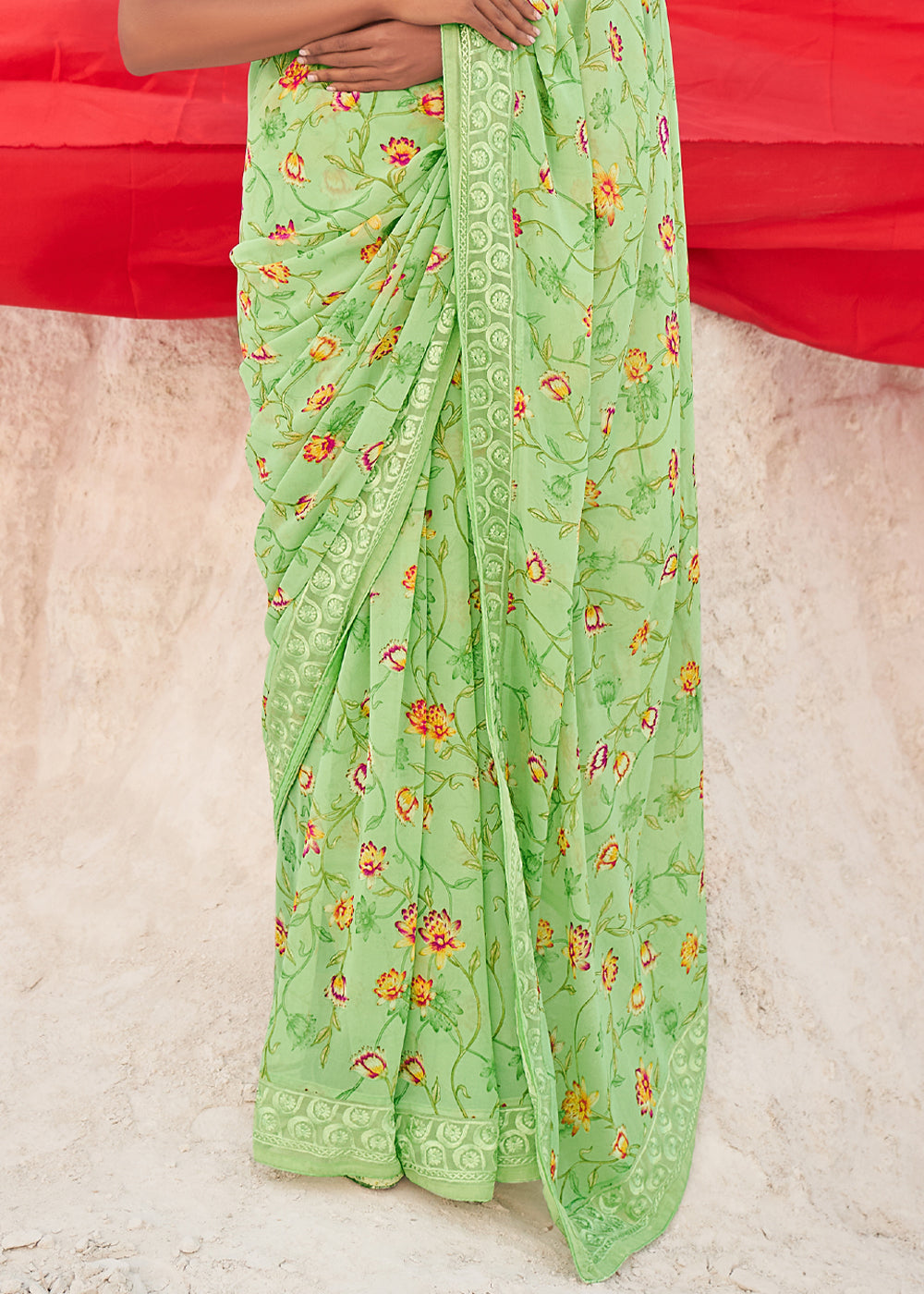Buy MySilkLove Pine Glade Green Digital Printed Chiffon Saree Online
