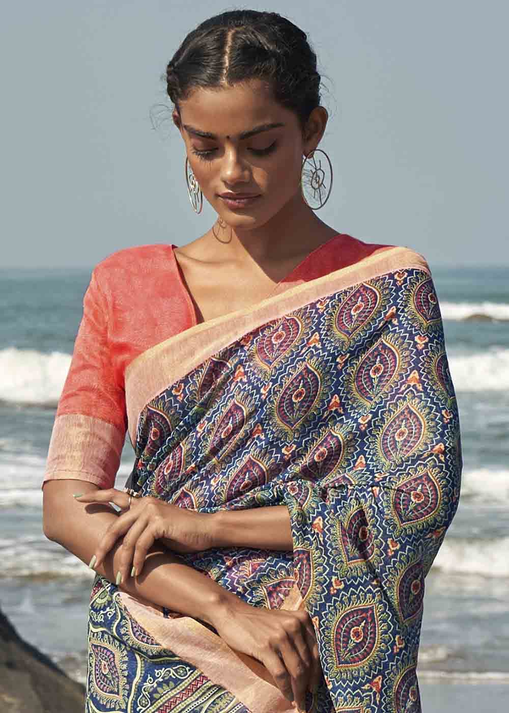 Buy MySilkLove Dolphin Blue and Pink Printed Cotton Saree Online