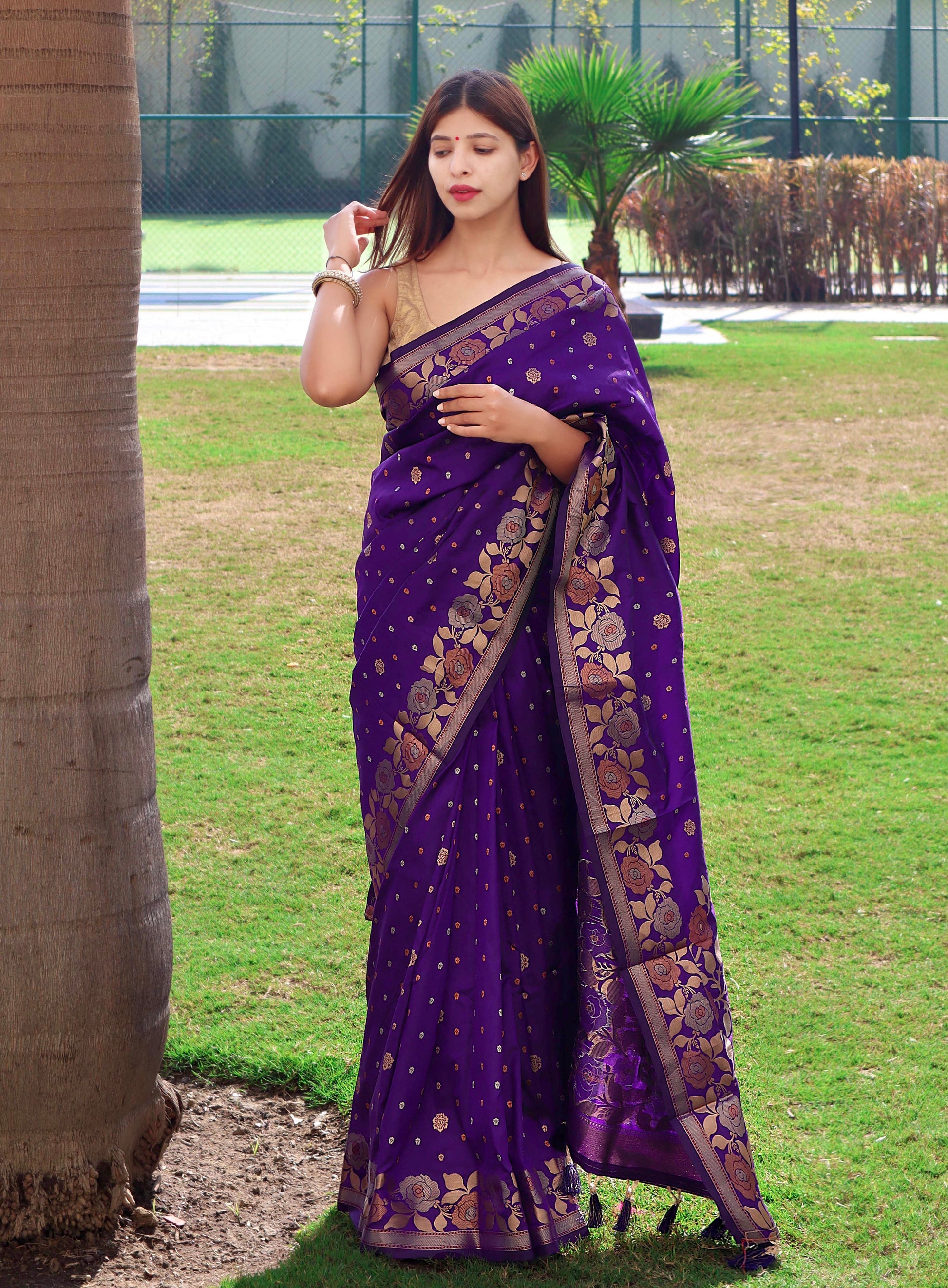 Buy MySilkLove Honey Flower Purple Soft Silk Saree with Floral Woven Border and Pallu Online