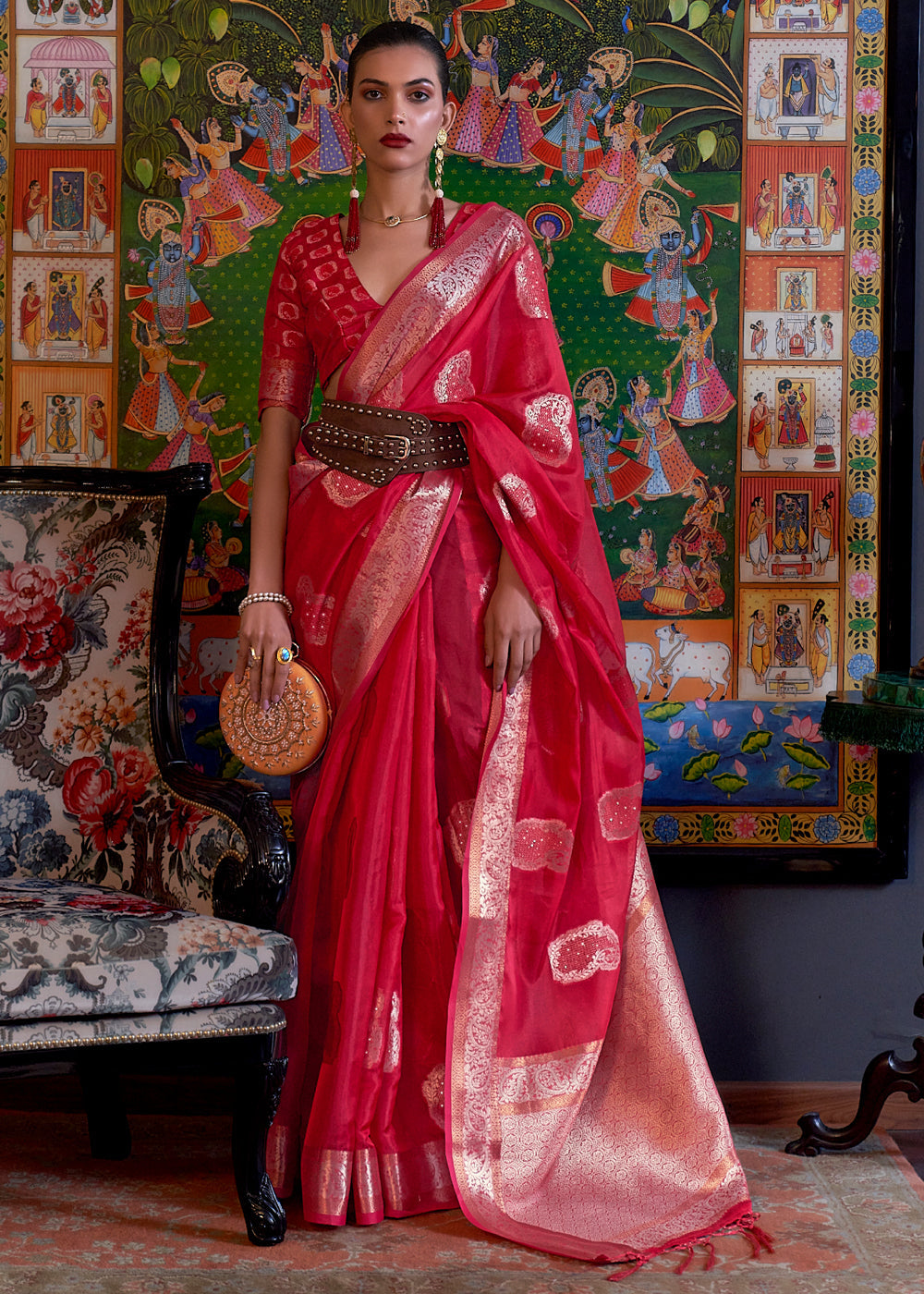 Buy MySilkLove Rose Pearl Red Woven Banarasi Organza Silk Saree Online