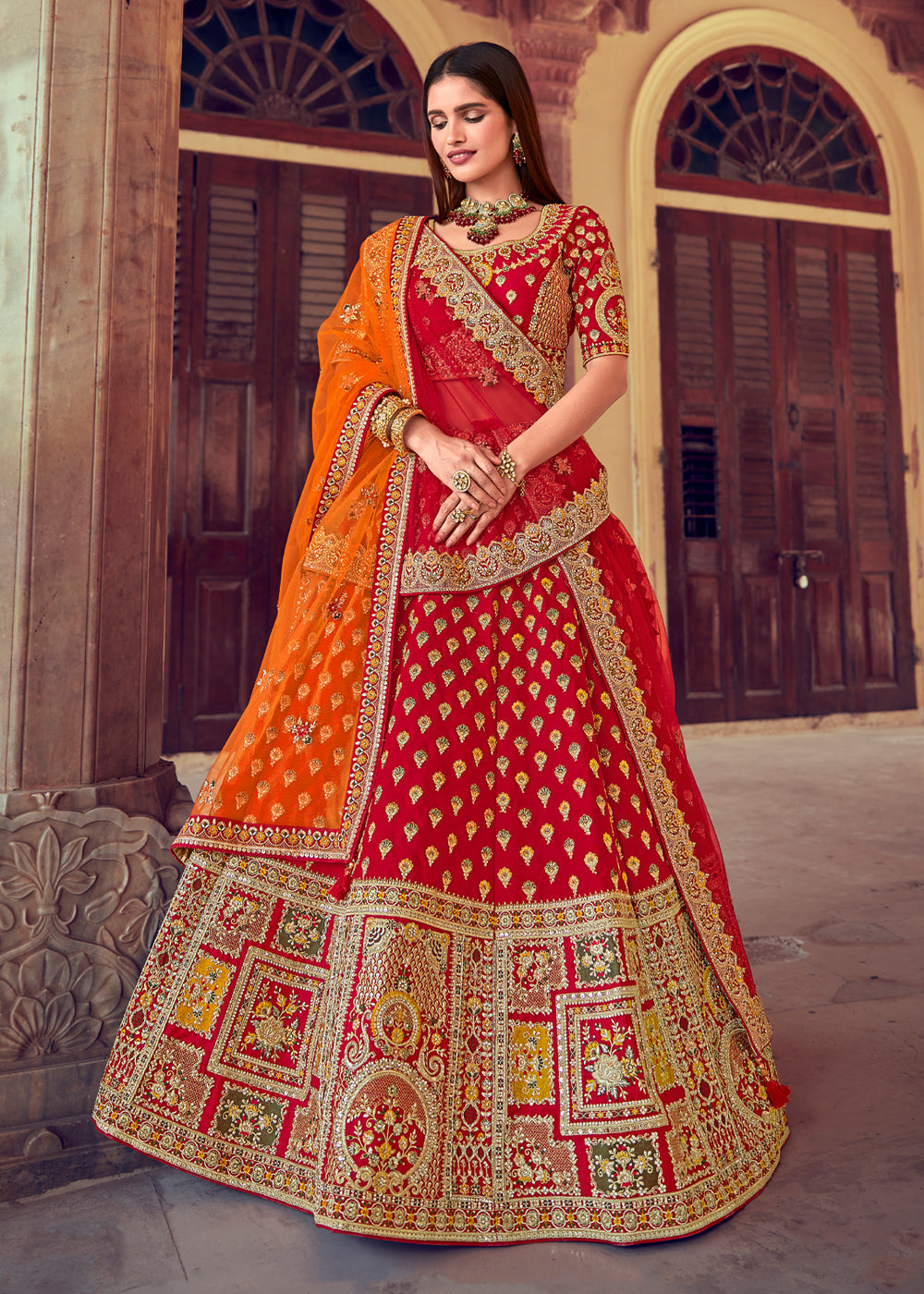 Buy MySilkLove Persian Red and Orange Heavy Embroidered Designer Lehenga Online