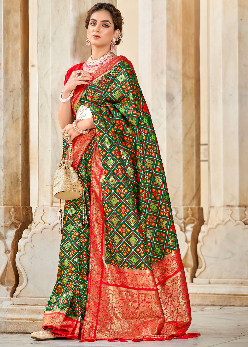 Buy MySilkLove Kelp Green and Red Zari Woven Patola Saree Online