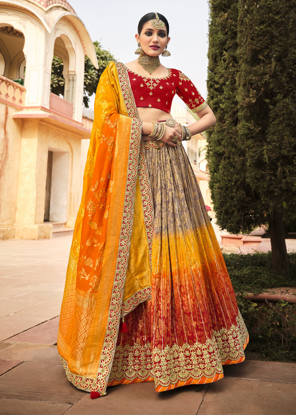 Buy MySilkLove Beaver Brown and Orange Heavy Embroidered Lehenga Online
