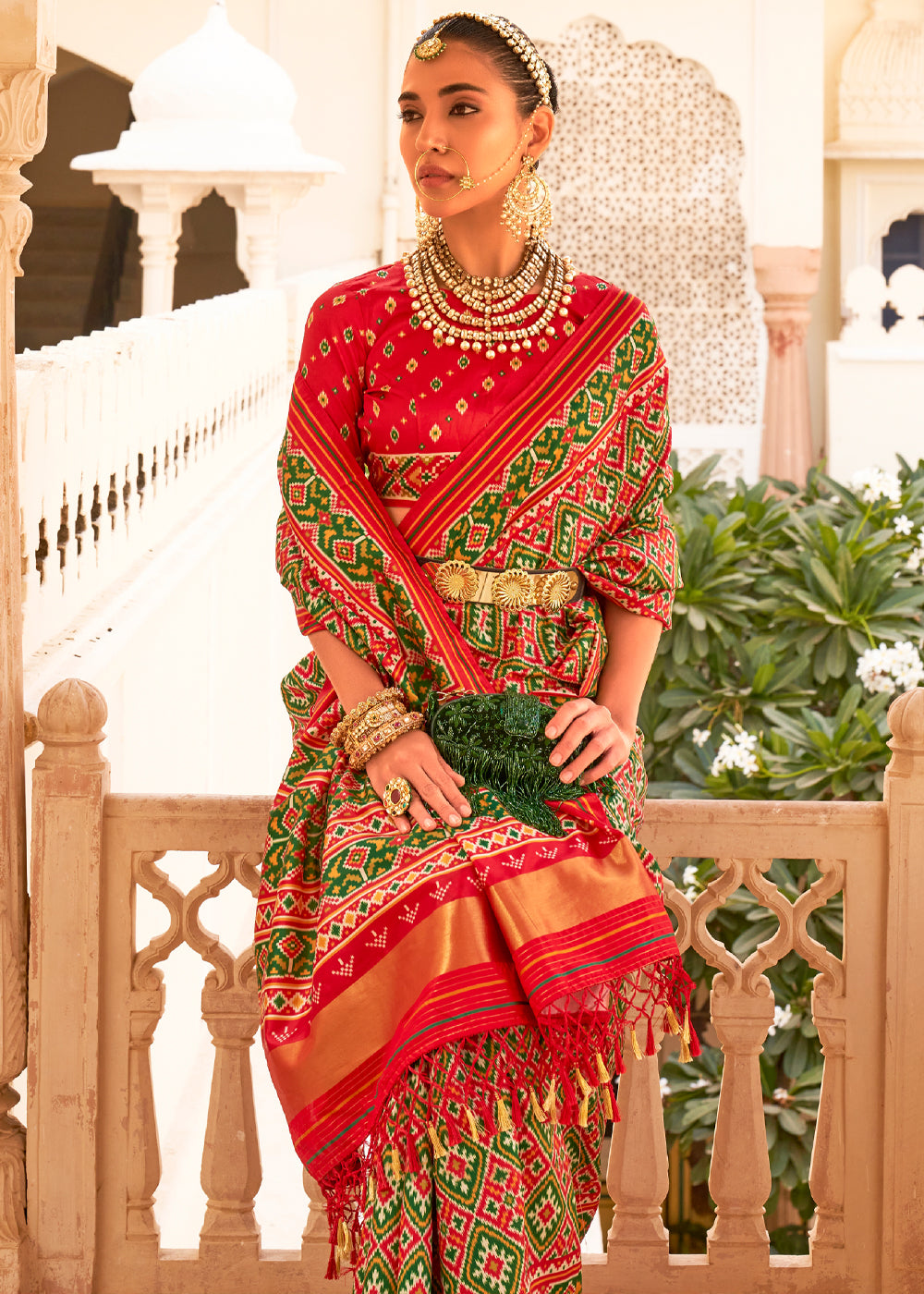 Buy MySilkLove Crete Green and Red Printed Patola Tussar Saree Online