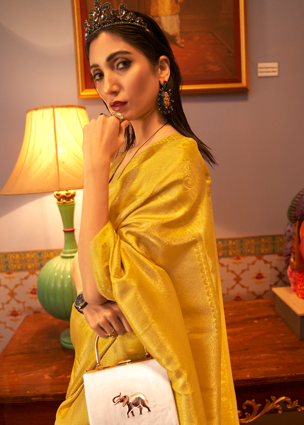 Buy MySilkLove Golden Yellow Dual tone Satin Banarasi Saree Online