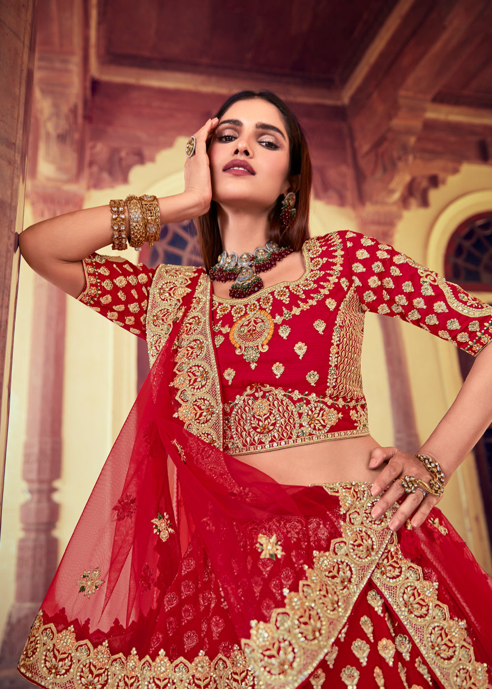 Buy MySilkLove Persian Red and Orange Heavy Embroidered Designer Lehenga Online