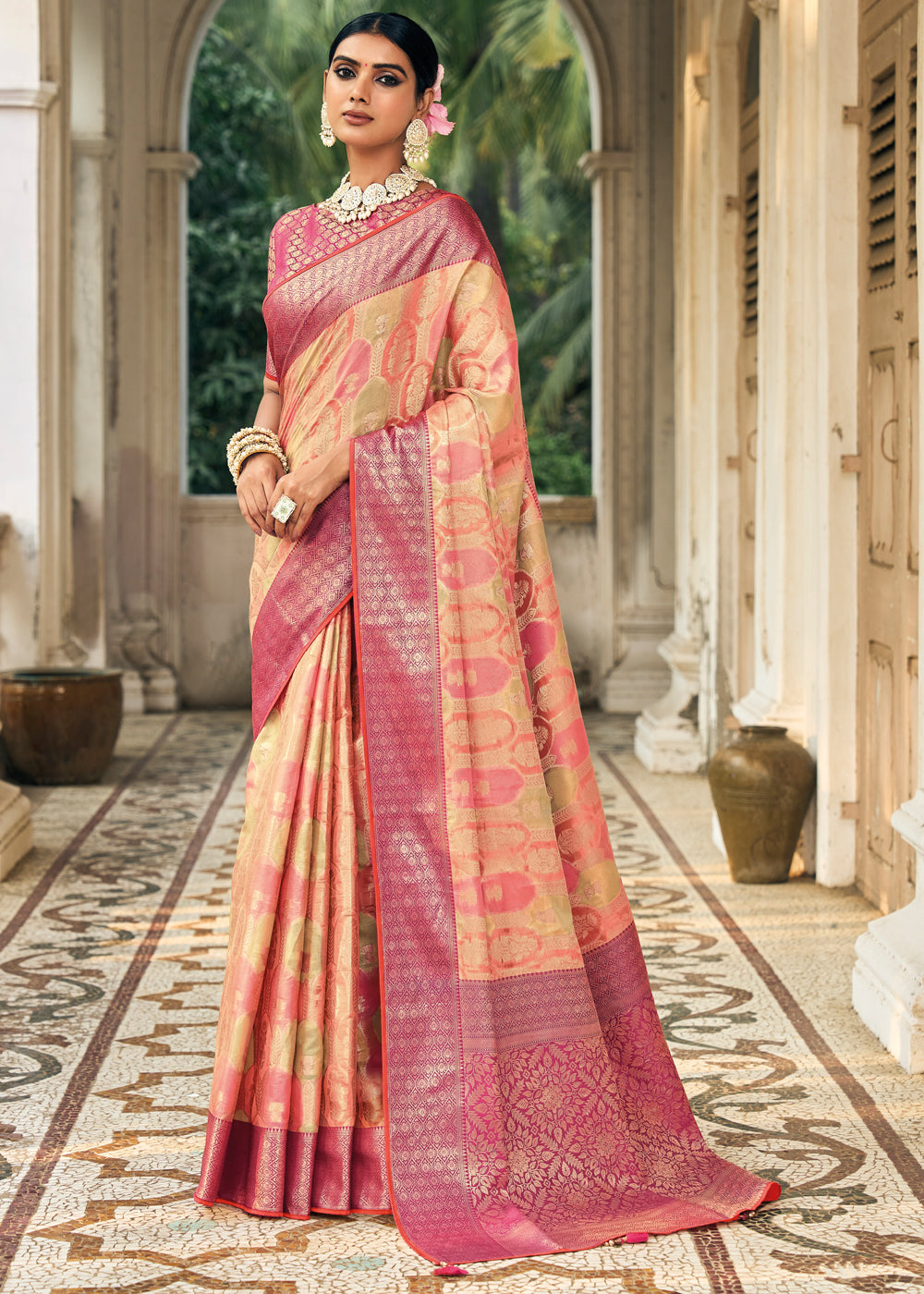 Buy MySilkLove Copperfield Peach Woven Organza Banarasi Silk Saree Online