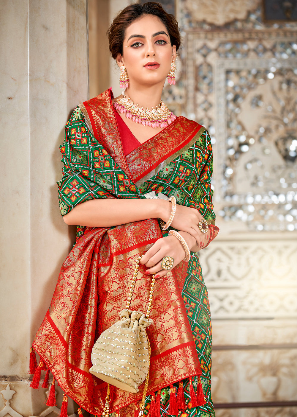 Buy MySilkLove Kelp Green and Red Zari Woven Patola Saree Online