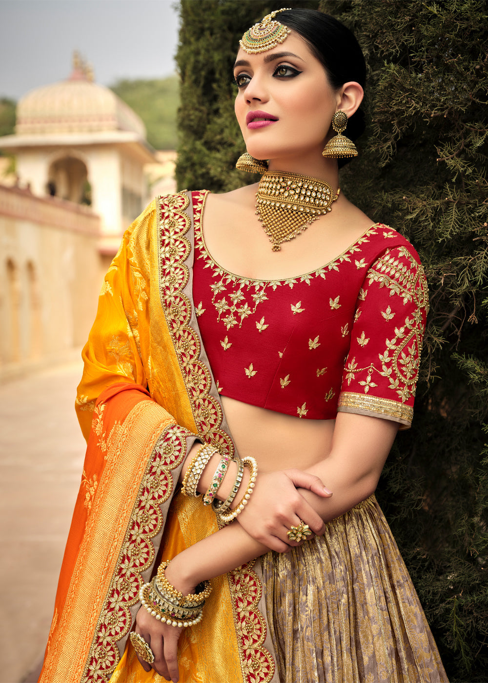 Buy MySilkLove Beaver Brown and Orange Heavy Embroidered Lehenga Online