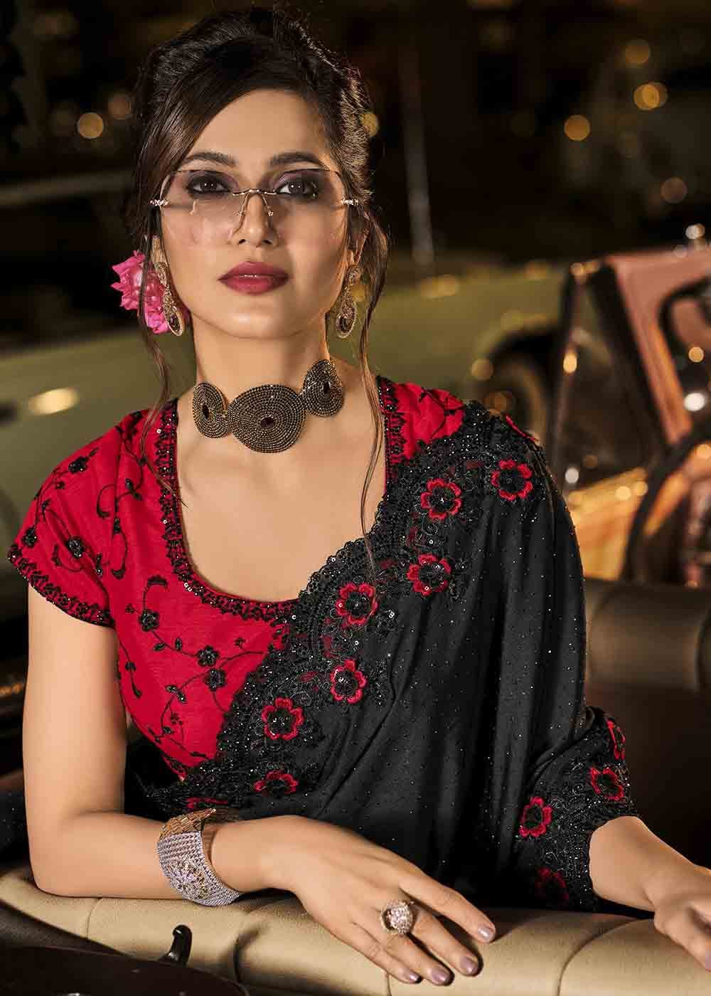 Buy MySilkLove Emperor Black and Red Heavy Work Designer Net Saree Online